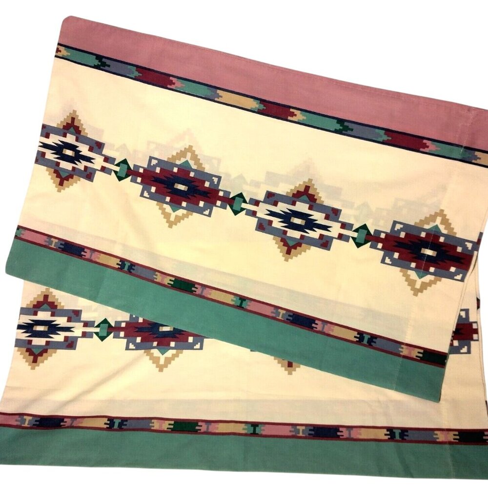 Pillowcase Pair Vintage Cannon Southwest Geometric 2 Standard Purple Teal USA